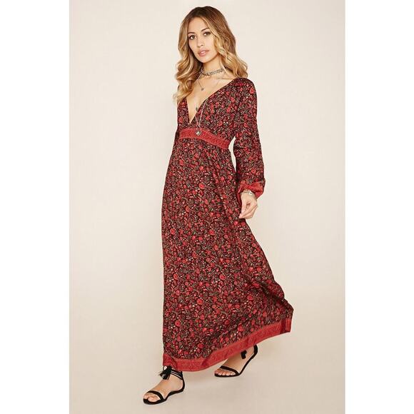 Raga Boho Floral Maxi Dress | Size Small | Long Sleeve Bohemian V-Neck - Picture 1 of 15